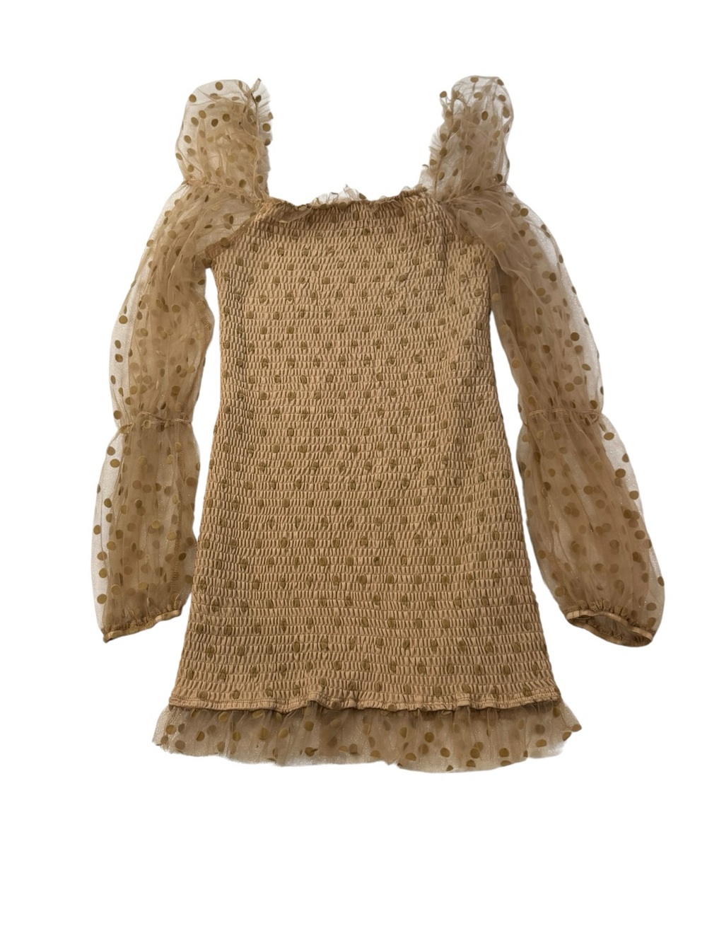 Cottagecore Beige Mini Dress with Polka Dot Puff Sleeves Tulle Size Medium Fairy